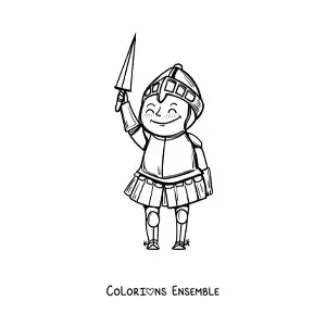 Image à colorier d'un chevalier du Moyen Âge rigolo avec une épée