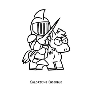 Image à colorier d'un dessin de chevalier sur un cheval