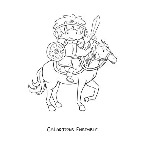 Image à colorier d'un chevalier rigolo avec une épée et un bouclier, monté à cheval