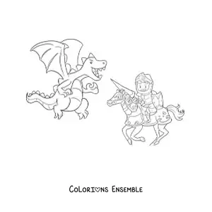 Image à colorier d'un chevalier héroïque rigolo combattant un dragon