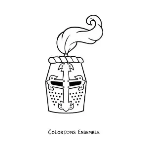 Image à colorier d'un casque de chevalier médiéval vu de face