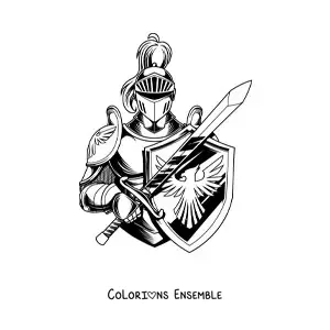 Image à colorier d'un chevalier réaliste avec une épée et un bouclier
