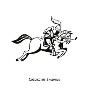 Image à colorier d'un chevalier avec un club de golf, monté sur un cheval