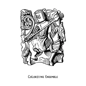 Coloriage d'un chevalier avec une lance et un bouclier sur son destrier