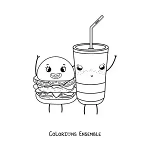 Image à colorier d'un hamburger et d'un soda kawaii animés et souriants