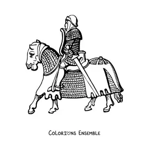 Image à colorier d'un chevalier en armure montant un cheval