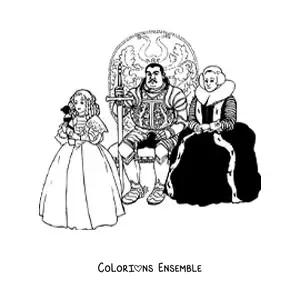 Image à colorier d'un roi et d'une reine réalistes assis sur leurs trônes