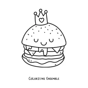 Image à colorier d'un hamburger kawaii avec du fromage fondu et une couronne