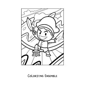Image à colorier d'un méchant pirate rigolo avec une épée sur un bateau