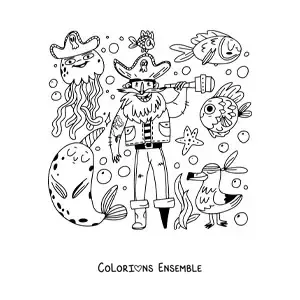 Image à colorier d'un vieux pirate rigolo entouré d'animaux marins
