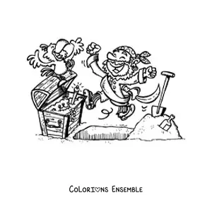 Image à colorier d'un pirate rigolo et de son perroquet déterrant un trésor