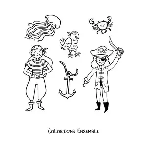 Coloriage d'un pirate avec une fille pirate et un perroquet