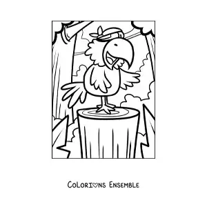 Coloriage d'un perroquet pirate animé sur une île