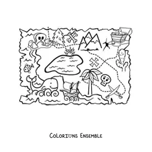 Coloriage d'une île au trésor sur une carte