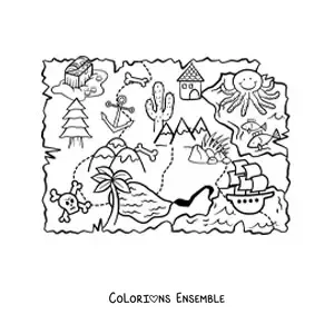Coloriage d'une carte du trésor caché sur l'île