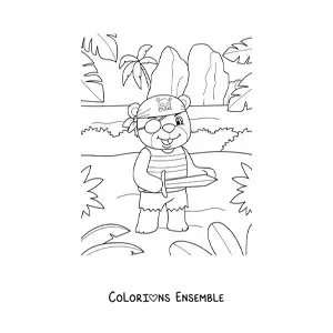Coloriage d'un ours pirate animé sur l'île au trésor