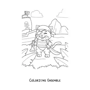 Coloriage d'un chat pirate animé sur l'île au trésor avec son bateau