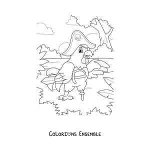 Coloriage d'une poule pirate animée sur l'île au trésor avec une épée