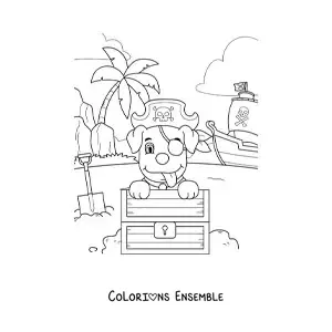 Coloriage d'un chien pirate animé déterrant un trésor devant son bateau