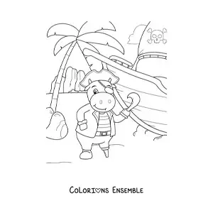 Coloriage d'une vache pirate animée sur l'île au trésor avec son bateau