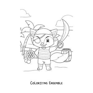 Coloriage d'un renard pirate animé sur l'île au trésor