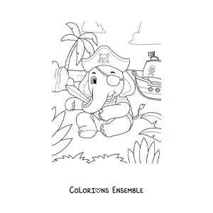 Coloriage d'un éléphant pirate animé sur l'île au trésor avec son bateau