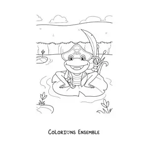 Coloriage d'une grenouille pirate animée dans son marais