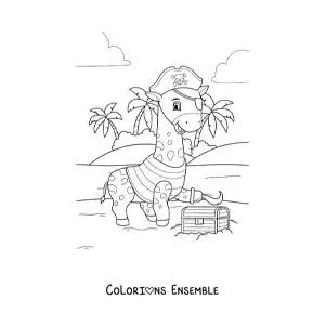 Coloriage d'une girafe pirate animée avec un coffre au trésor sur l'île