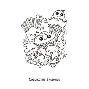Image à colorier d'un hamburger, de frites, d'une glace et d'une tartine kawaii