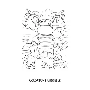 Coloriage d'un hippopotame pirate animé sur l'île au trésor