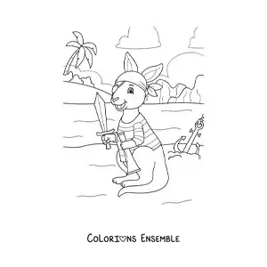 Coloriage d'un kangourou pirate animé cherchant un trésor sur l'île