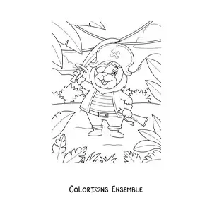 Coloriage d'un lion pirate animé sur l'île au trésor