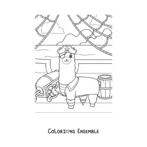 Coloriage d'un lama pirate animé sur un bateau pirate