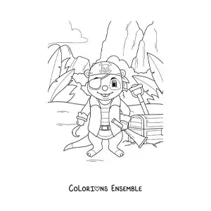 Coloriage d'un suricate pirate en dessin animé avec un coffre au trésor sur l'île