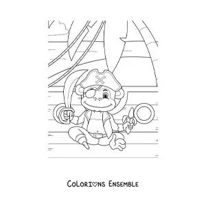 Coloriage d'un singe pirate animé sur un bateau pirate