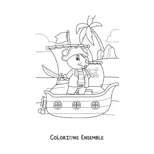 Coloriage d'une souris pirate animée sur un bateau arrivant à l'île