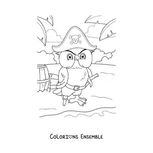 Coloriage d'un hibou pirate animé sur l'île au trésor