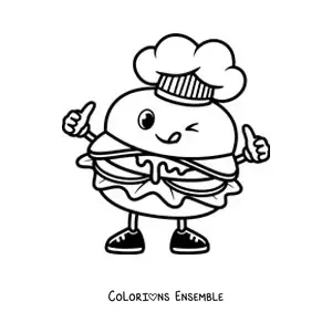 Image à colorier d'un hamburger animé avec une toque de chef qui tire la langue