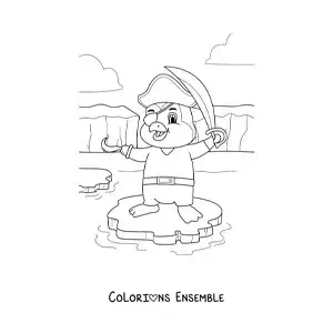 Coloriage d'un pingouin pirate animé sur un iceberg