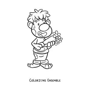 Coloriage d'un troll animé amoureux avec un bouquet de fleurs
