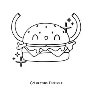 Image à colorier d'un hamburger animé qui sourit avec les bras levés