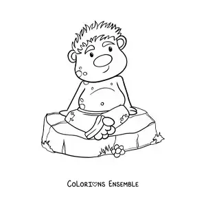 Coloriage d'un troll animé assis sur un rocher