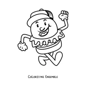 Image à colorier d'un hamburger animé avec une casquette qui marche