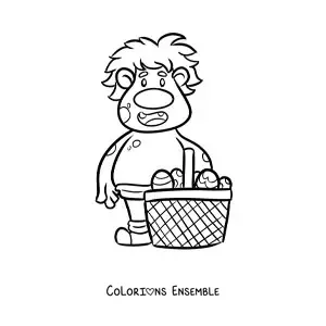 Coloriage d'un troll animé avec un panier d'œufs de Pâques