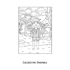 Coloriage d'une fille troll réaliste moderne avec des fleurs