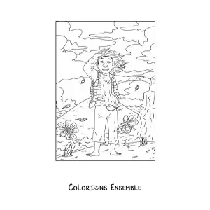 Coloriage d'un garçon troll réaliste sur une montagne avec des fleurs