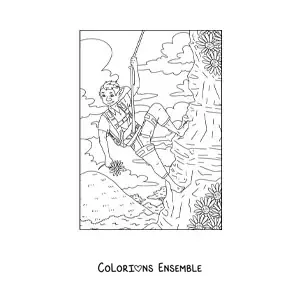 Coloriage d'un garçon troll réaliste escaladant une montagne avec des fleurs