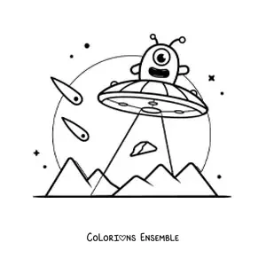 Coloriage d'un extraterrestre animé volant dans un ovni