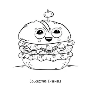 Image à colorier d'un hamburger animé avec une olive piquée dessus