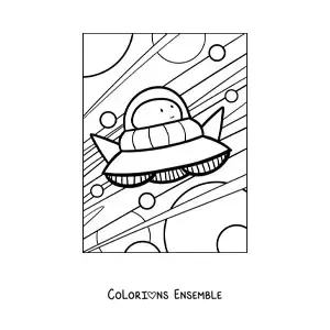 Coloriage d'un extraterrestre animé volant dans son vaisseau spatial